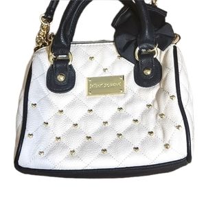 Betsey Johnson Mini Bag w/ Stud Hearts White with Black Trim Shoulder Strap